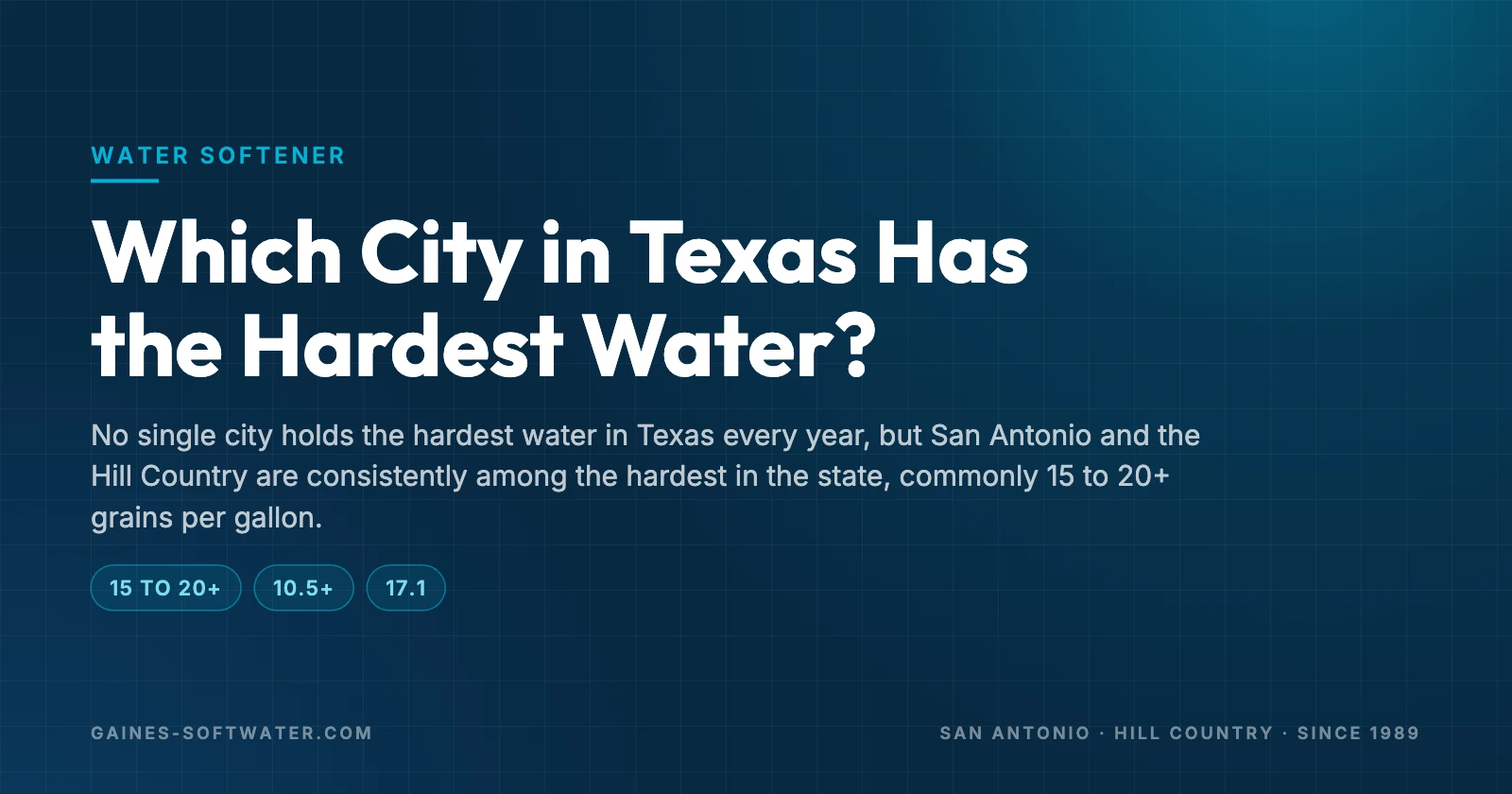 Which City in Texas Has the Hardest Water?: No single city holds the hardest water in Texas every year, but San Antonio and the Hill Country are consistently among the hardest in the state, commonly 15 to 20+ grains per gallon