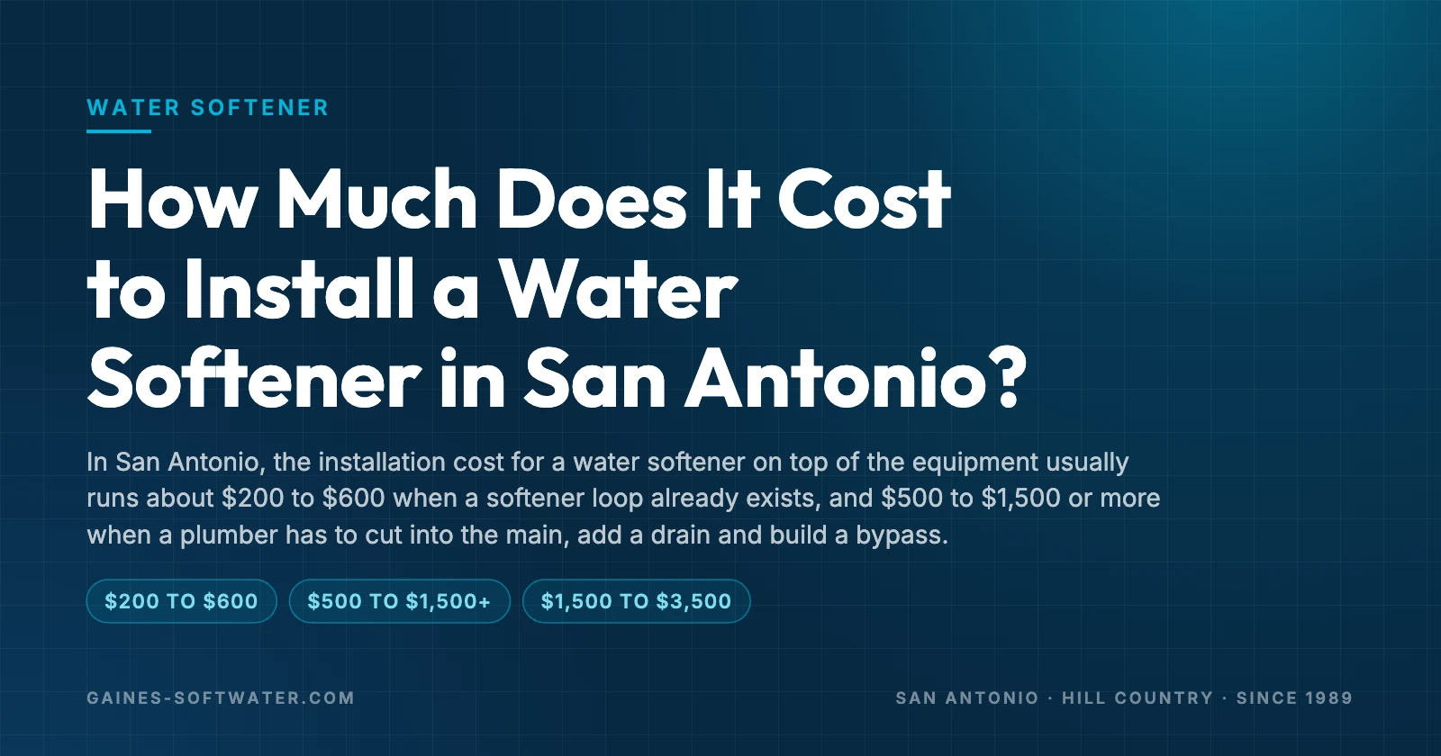 How Much Does It Cost to Install a Water Softener in San Antonio?: In San Antonio, the installation cost for a water softener on top of the equipment usually runs about $200 to $600 when a softener loop already exists, and $500 to $1,500 or