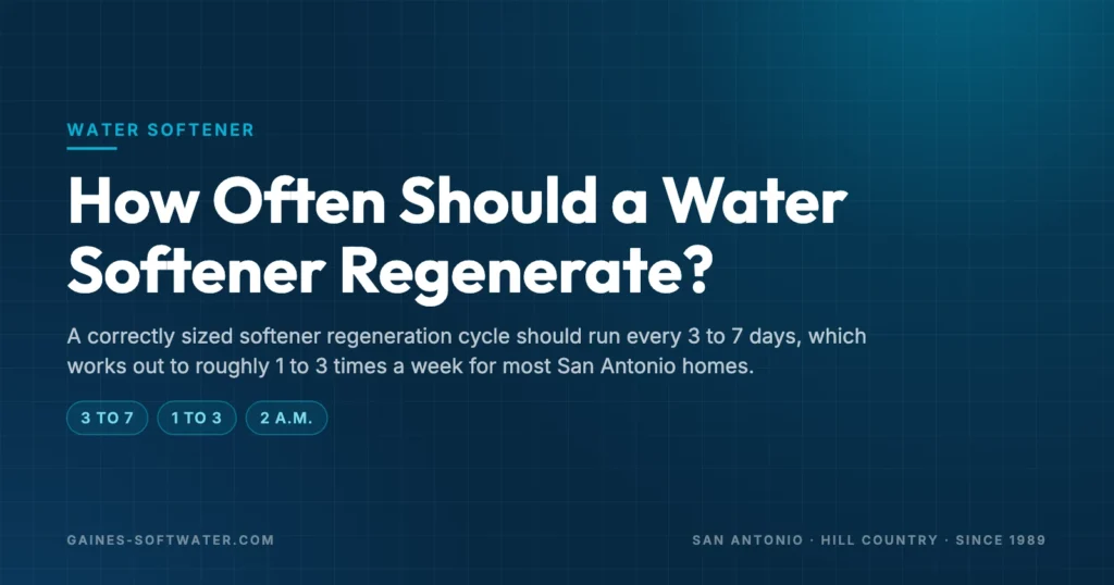 Home 12 How Often Should a Water Softener Regenerate?: A correctly sized softener regeneration cycle should run every 3 to 7 days, which works out to roughly 1 to 3 times a week for most San Antonio homes