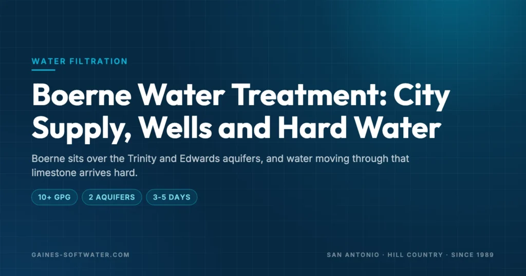 Boerne Water Treatment: City Supply, Wells and Hard Water: Boerne sits over the Trinity and Edwards aquifers, and water moving through that limestone arrives hard