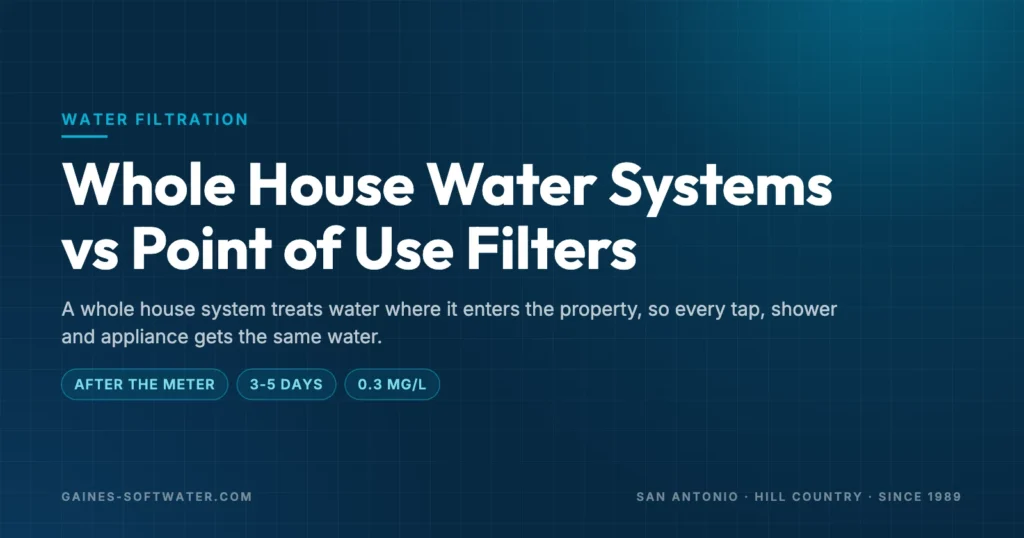 Whole House Water Systems vs Point of Use Filters: A whole house system treats water where it enters the property, so every tap, shower and appliance gets the same water